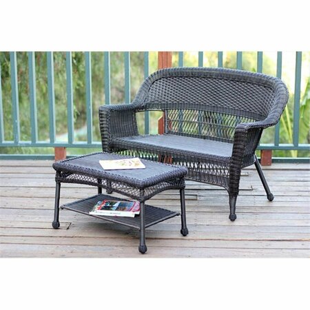 JECO Espresso Wicker Patio Love Seat And Coffee Table Set Without Cushion W00201-LCS